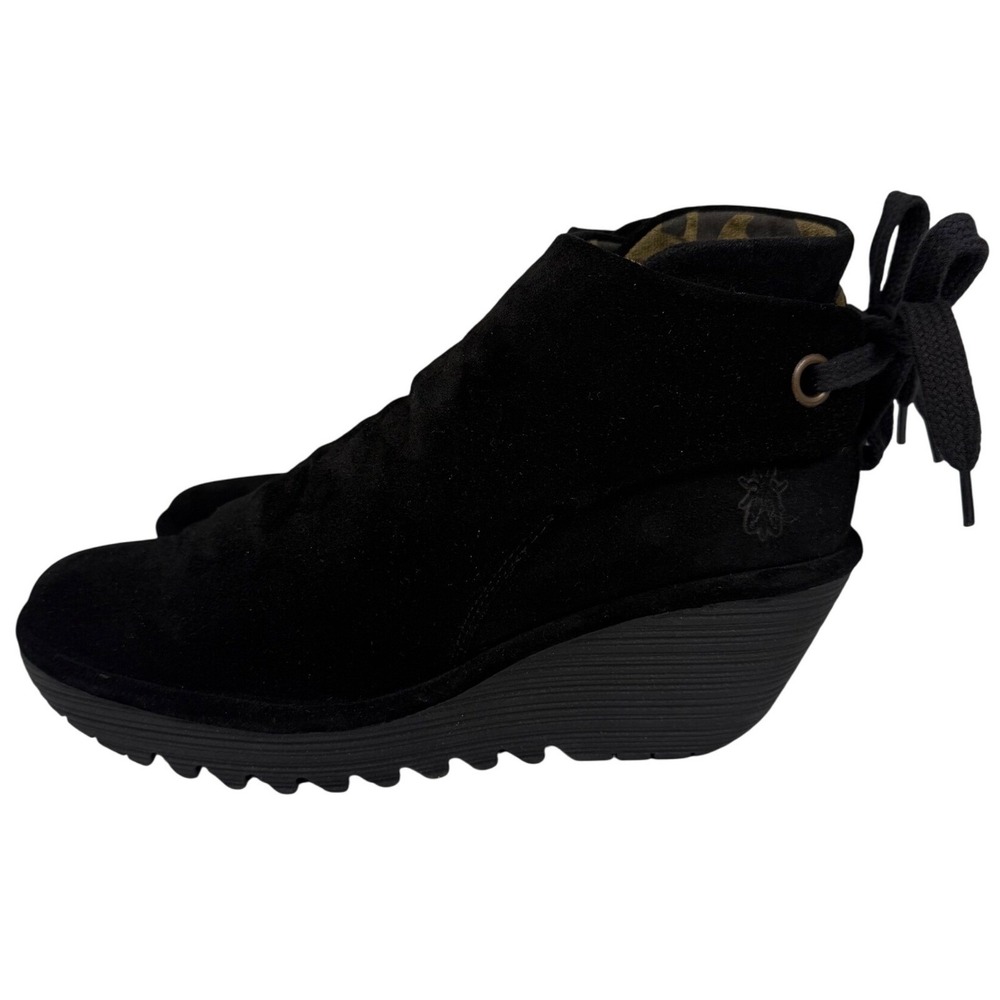 NEW FLY London Womens Yebi Wedge Boot, Suede Ankle Booties BLACK EU 41/US 10-10t - Picture 2 of 14